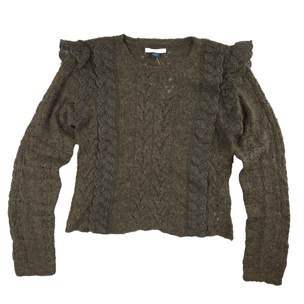 American Eagle Lace Ruffle Knit Sweater XS Brown Coquette Cottage Fisherman